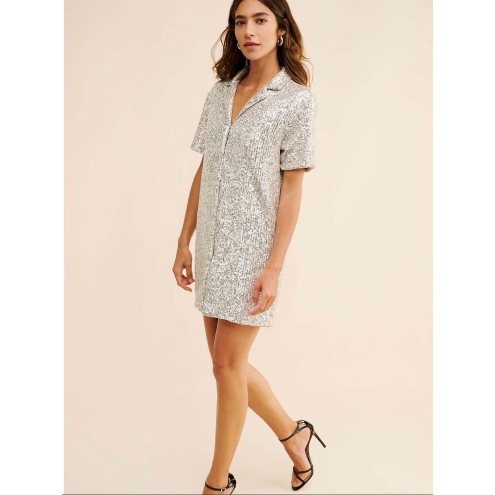 Anthropologie Sunday in Brooklyn Sequin Mini Shirtdress Silver Medium Party